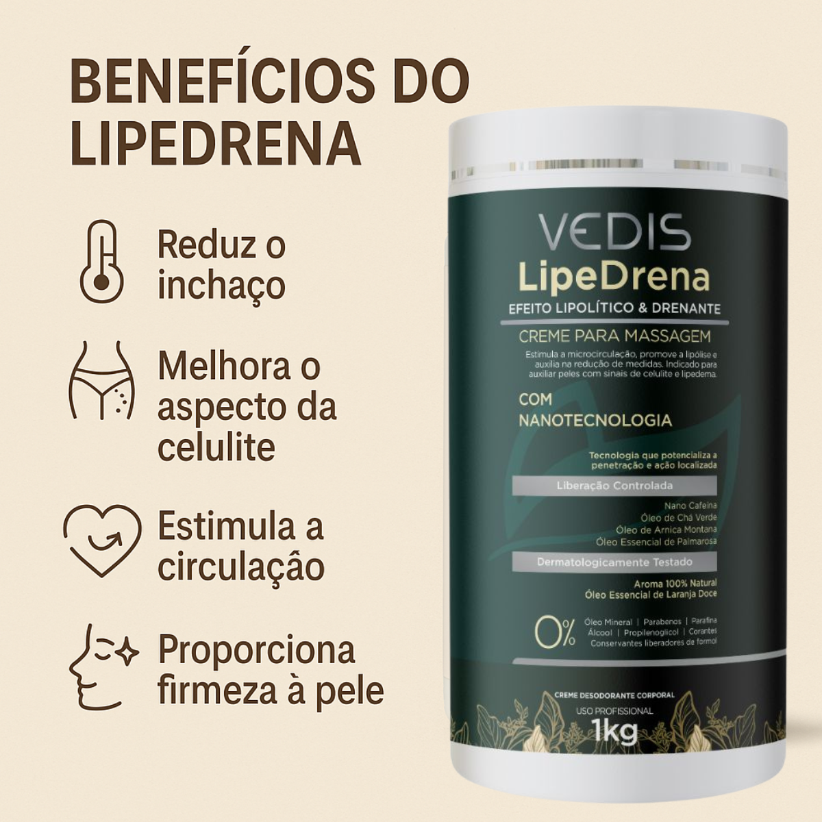 Creme para Massagem LipeDrena Vedis 1kg Efeito Drenante para Lipedema
